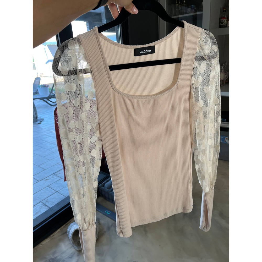 Miduo Beige Ribbed Square Neck Top Sheer Polka Dot Mesh Balloon Sleeve S